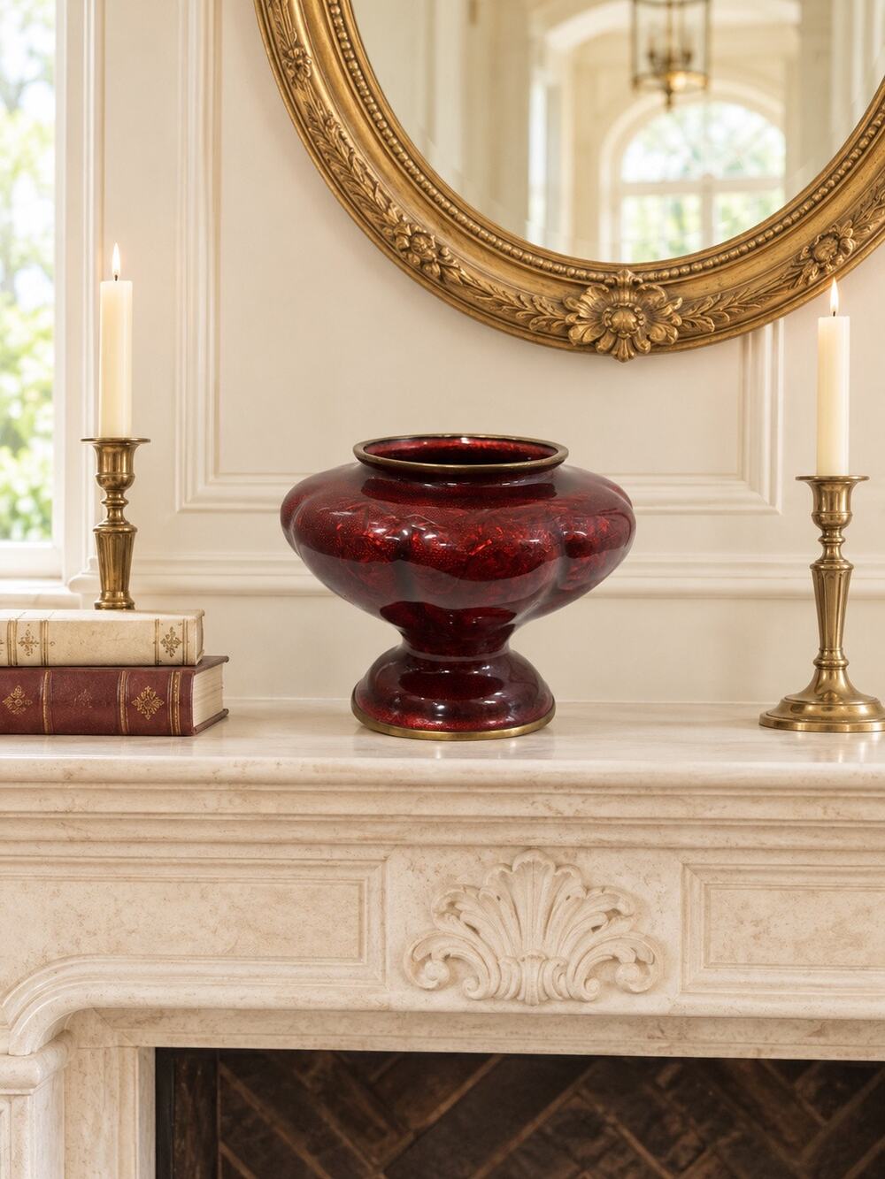 Vintage Japanese Ginbari Cloisonne Red Enamel Pedestal Bowl Vase Brass Trim 7"